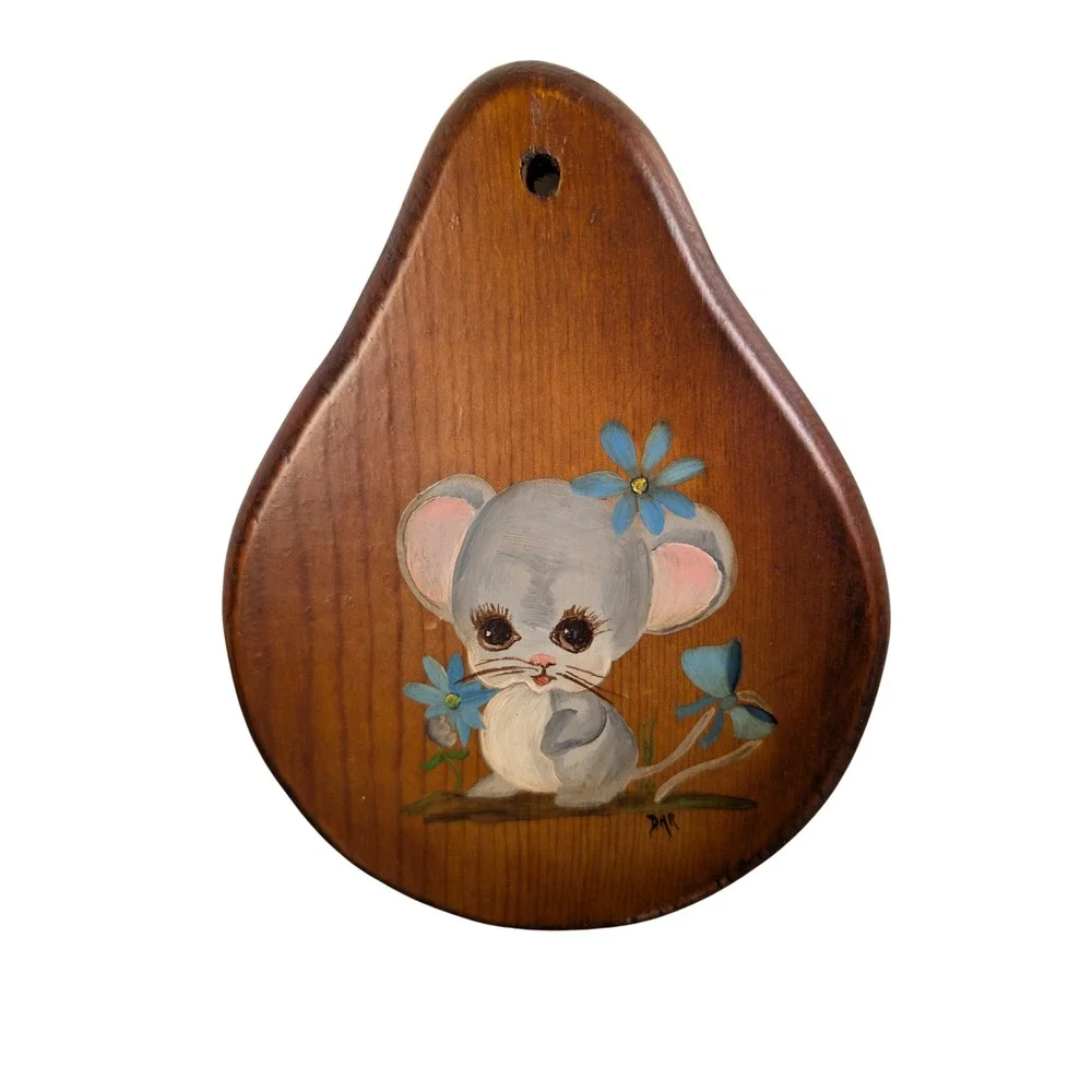 Vintage Hand Painted Wood Mouse Wall Plaque Teardrop Signed DHR Blue Flowers